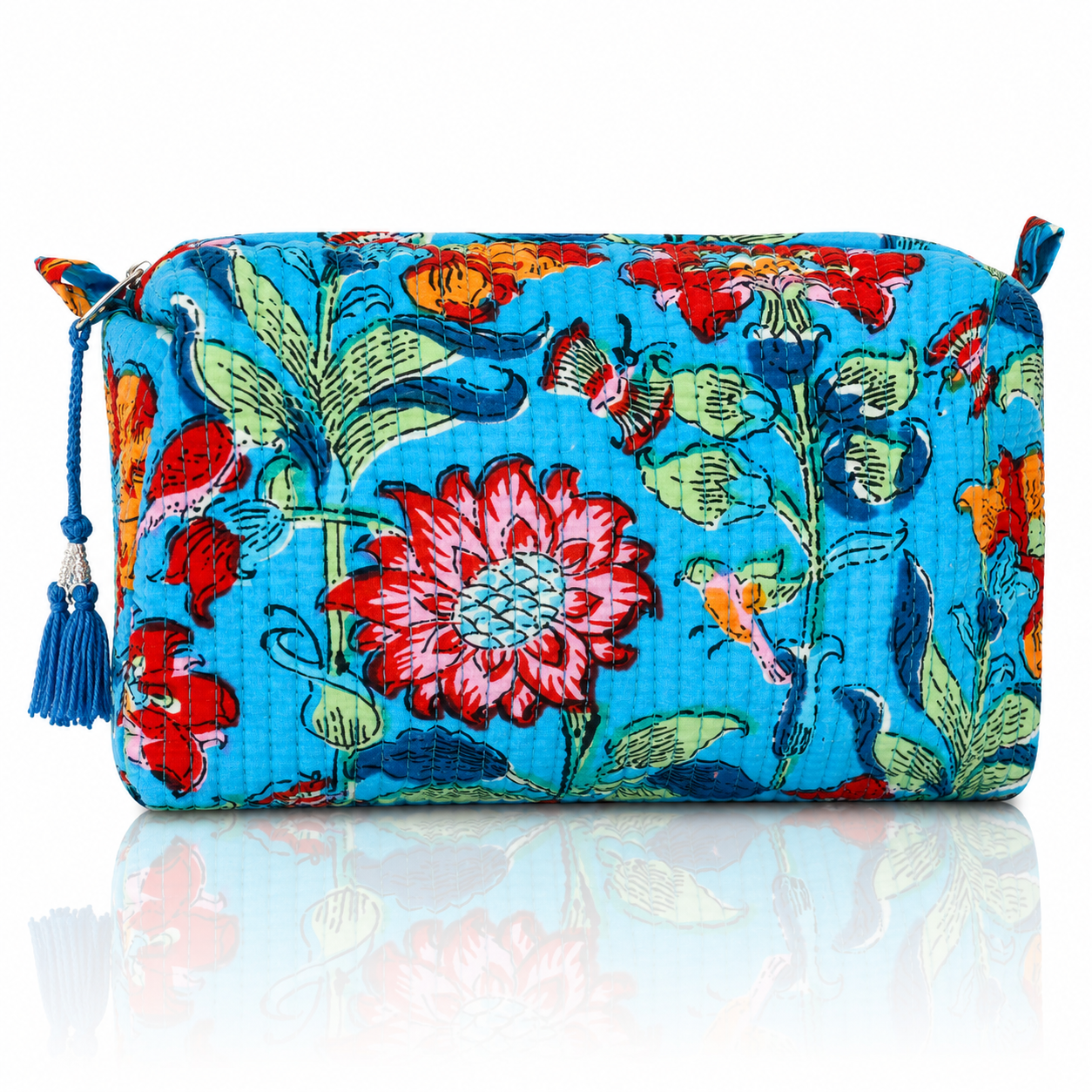 Bold Blue Floral Cotton Quilted Cosmetic Set