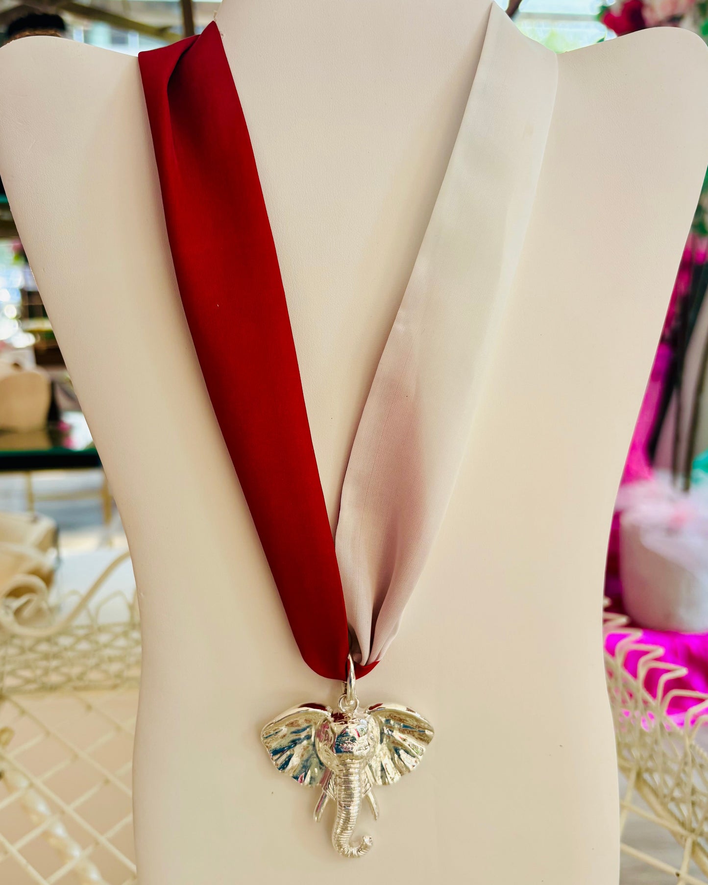 Crimson & White Elephant Head Ribbon Necklace