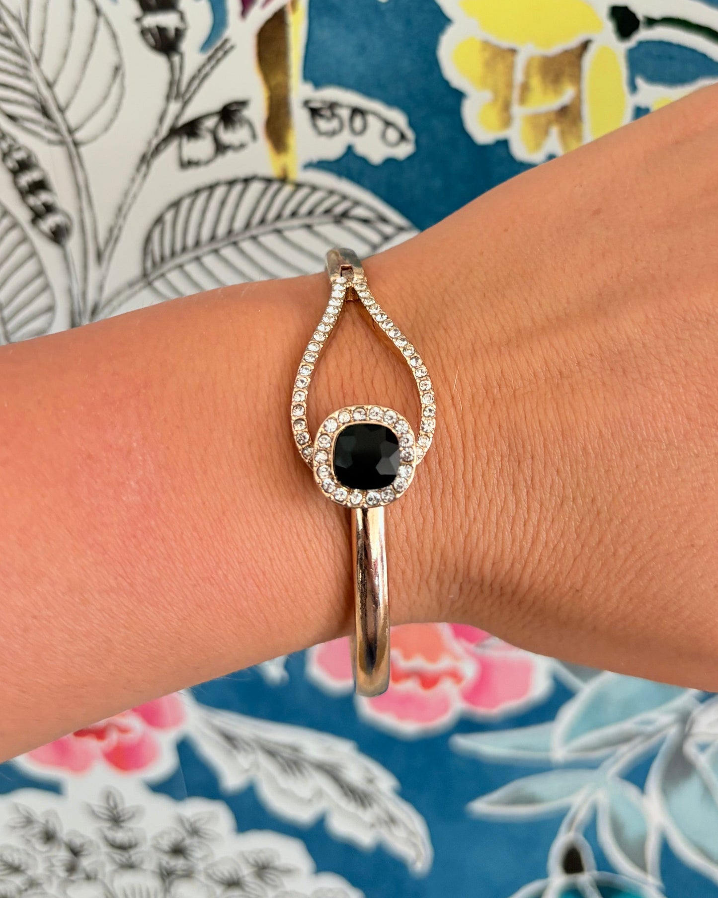 Vintage Midnight Onyx & Crystal Hinged Bangle