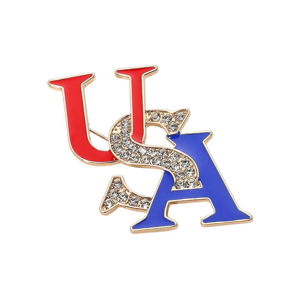 Stone Paved Enamel USA Pin Brooch