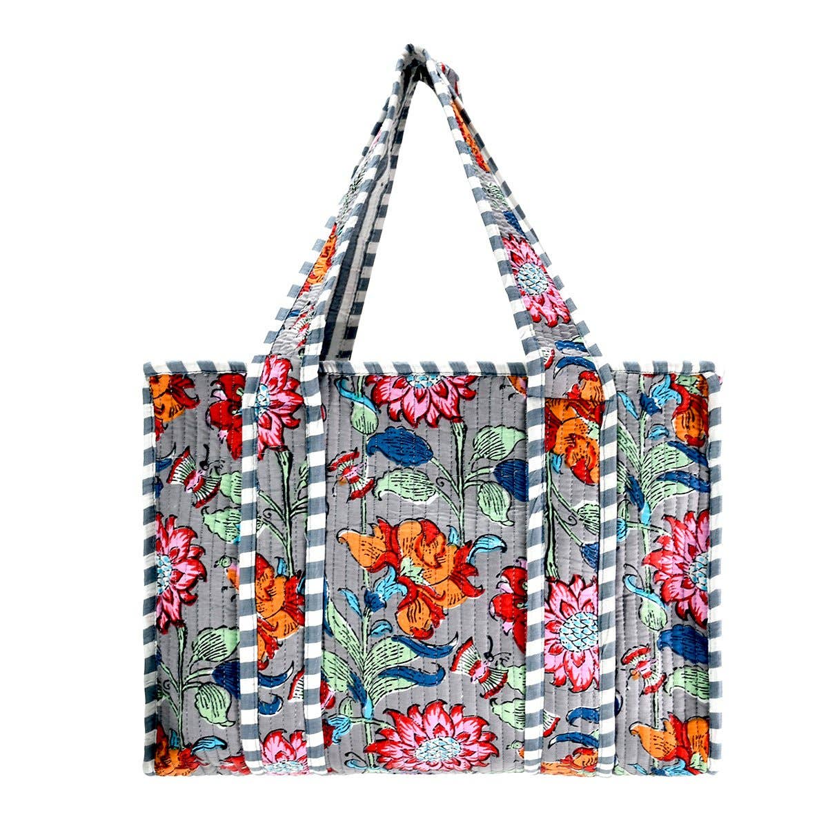 Gray Floral Cotton Tote Bag- Large