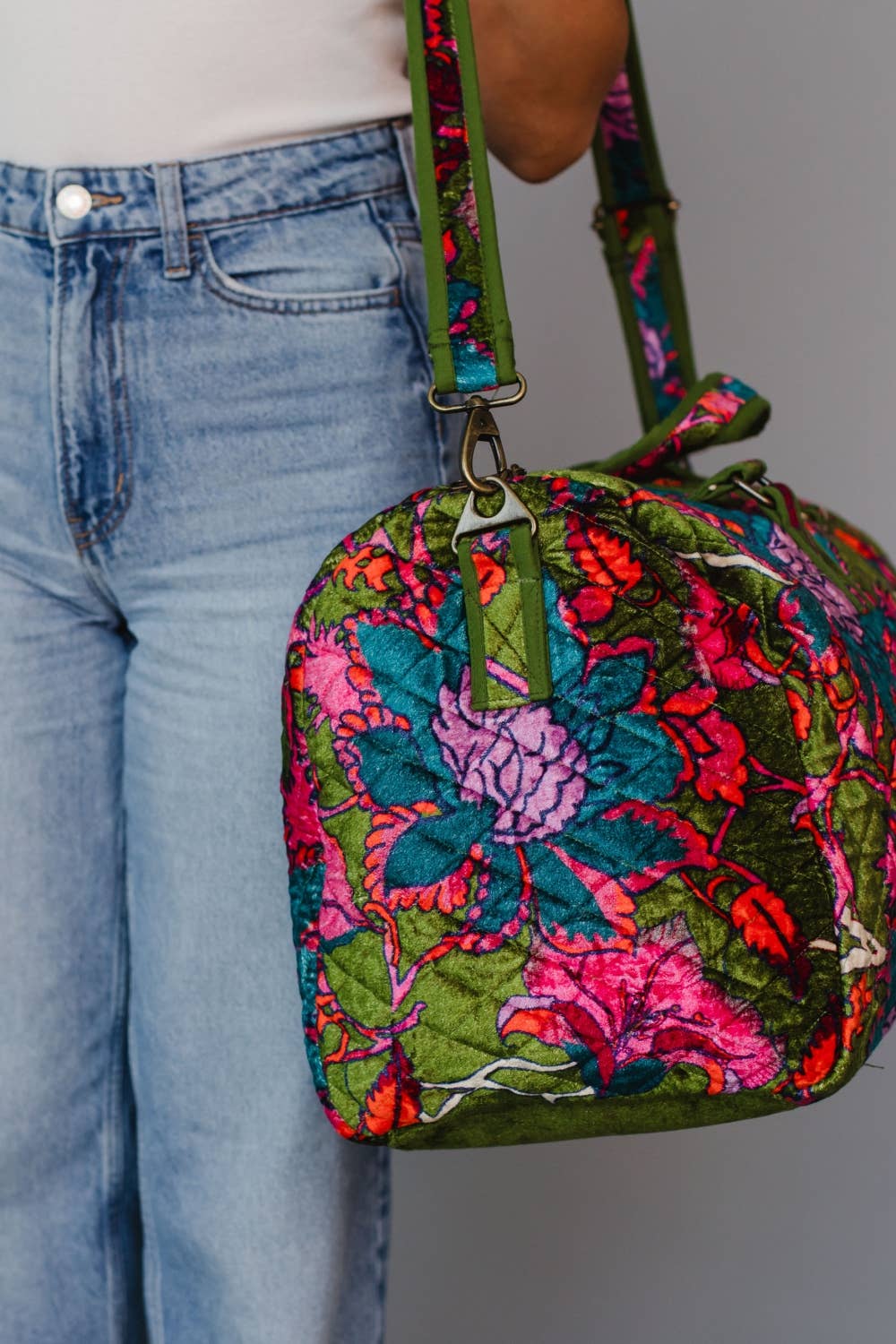 Olive & Multicolored Floral Duffle