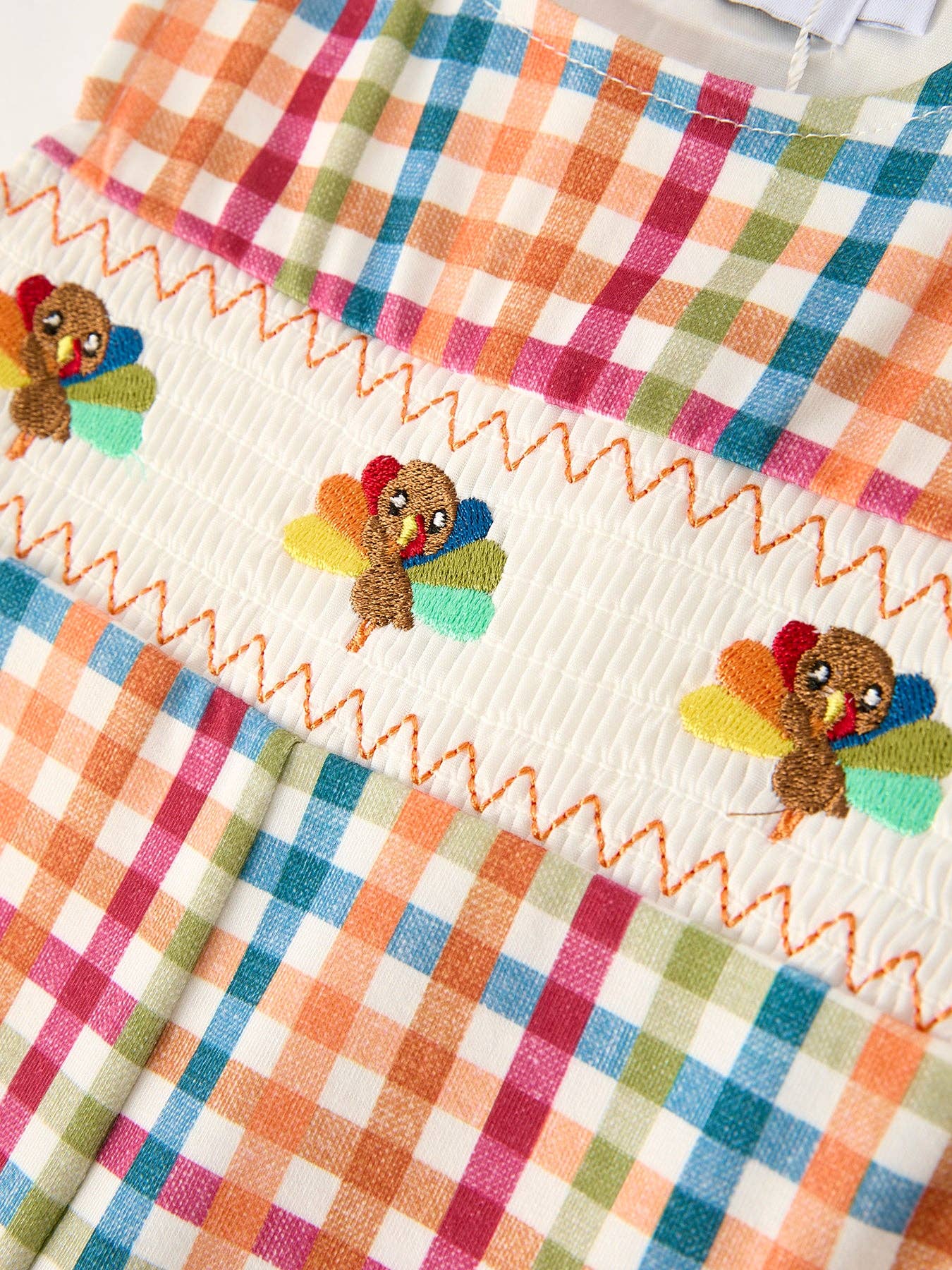 Thanksgiving Plaid Embroidery Smocking Romper