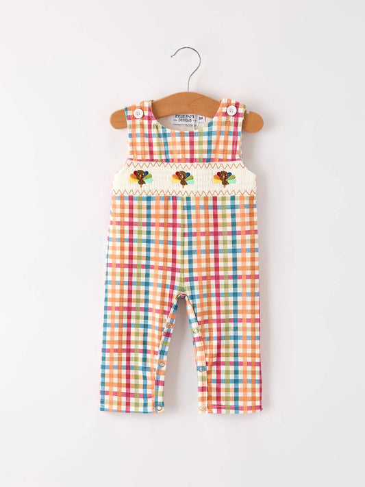 Thanksgiving Plaid Embroidery Smocking Romper