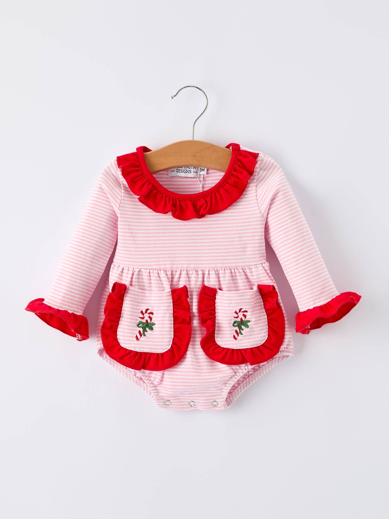 Christmas Candy Cane Embroidery Striped Romper