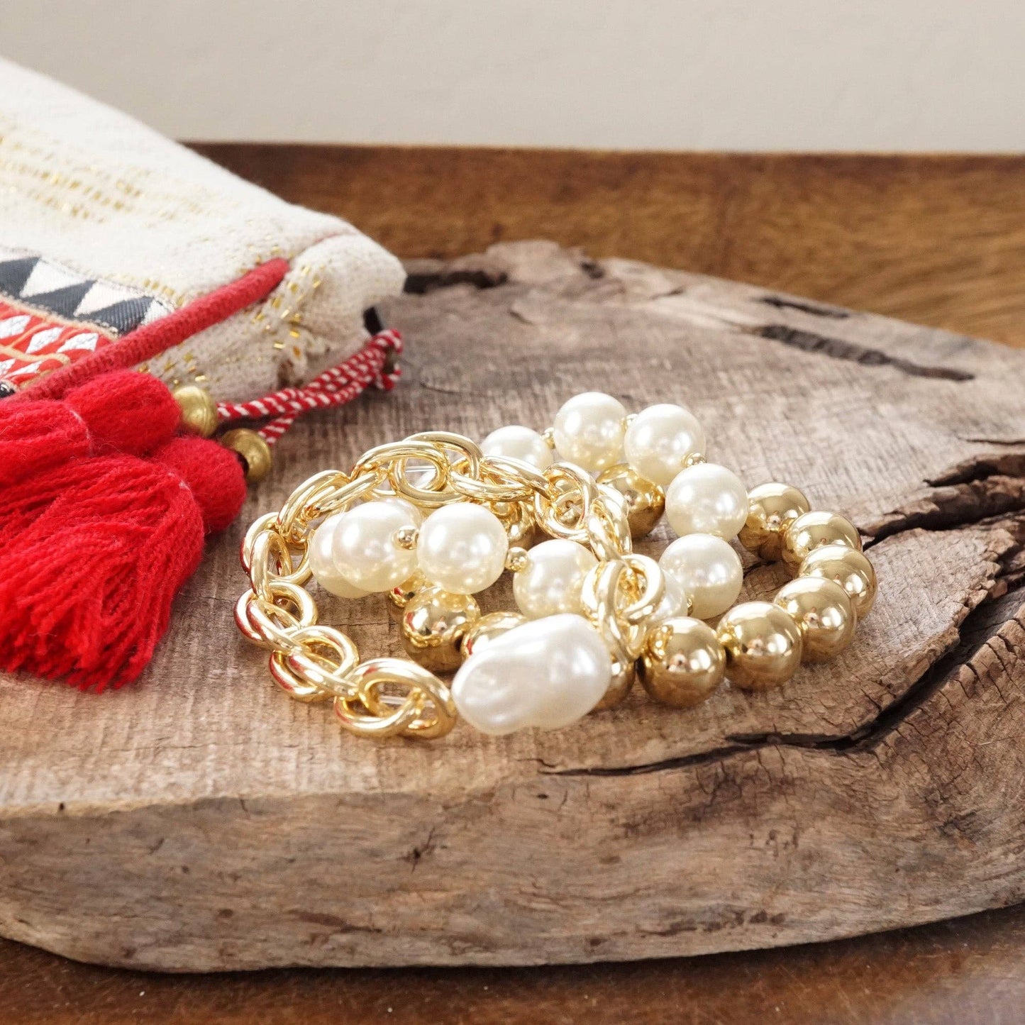 Chunky Chain Beads Pearl Trio Bracelets
