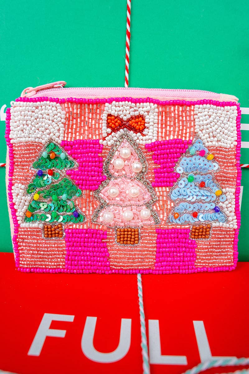 Viola Checkered & Chic Tree Trio Pink Seed Bead Coin Purse