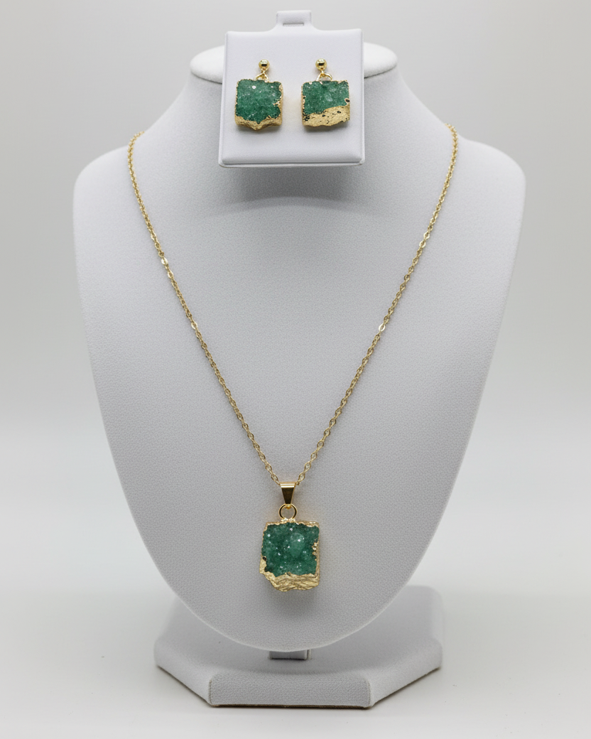 Vintage Raw Emerald Druzy Geode Set – Necklace & Stud Earrings