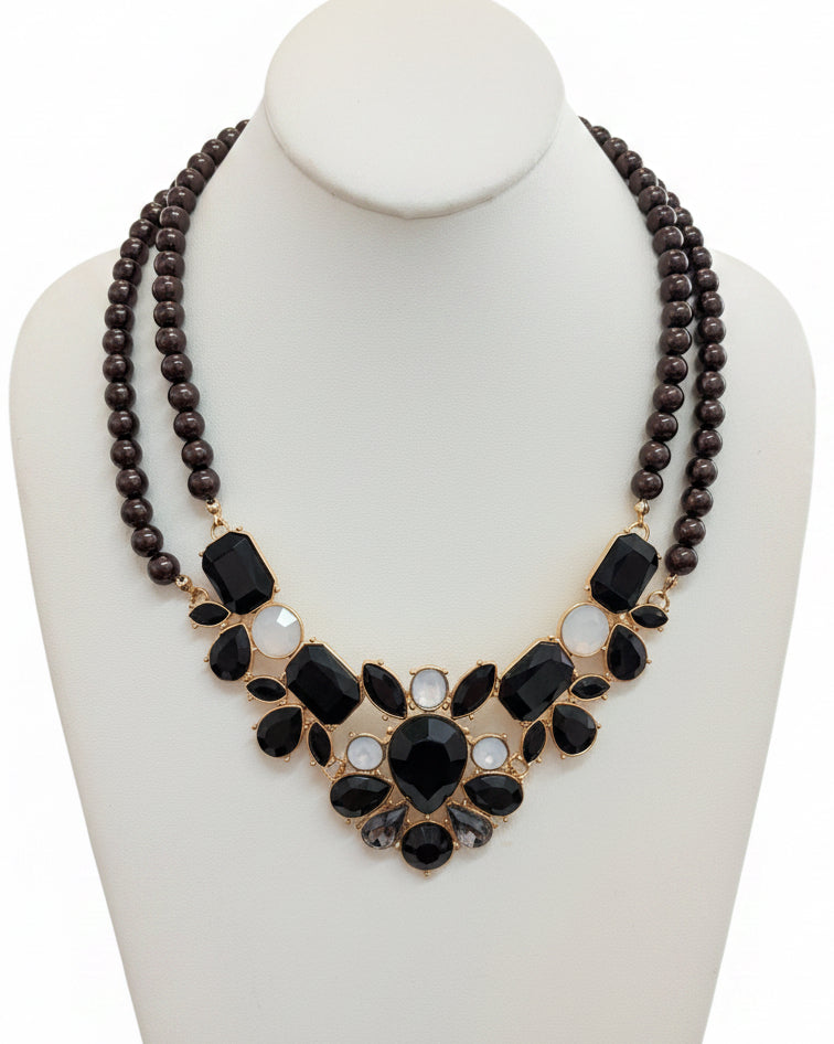The Newport Mosaic: Art Deco Double-Strand Jet Beaded Bib Necklace