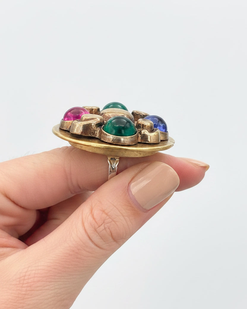 Vintage Runway Gripoix-Style Glass Cabochon Statement Ring