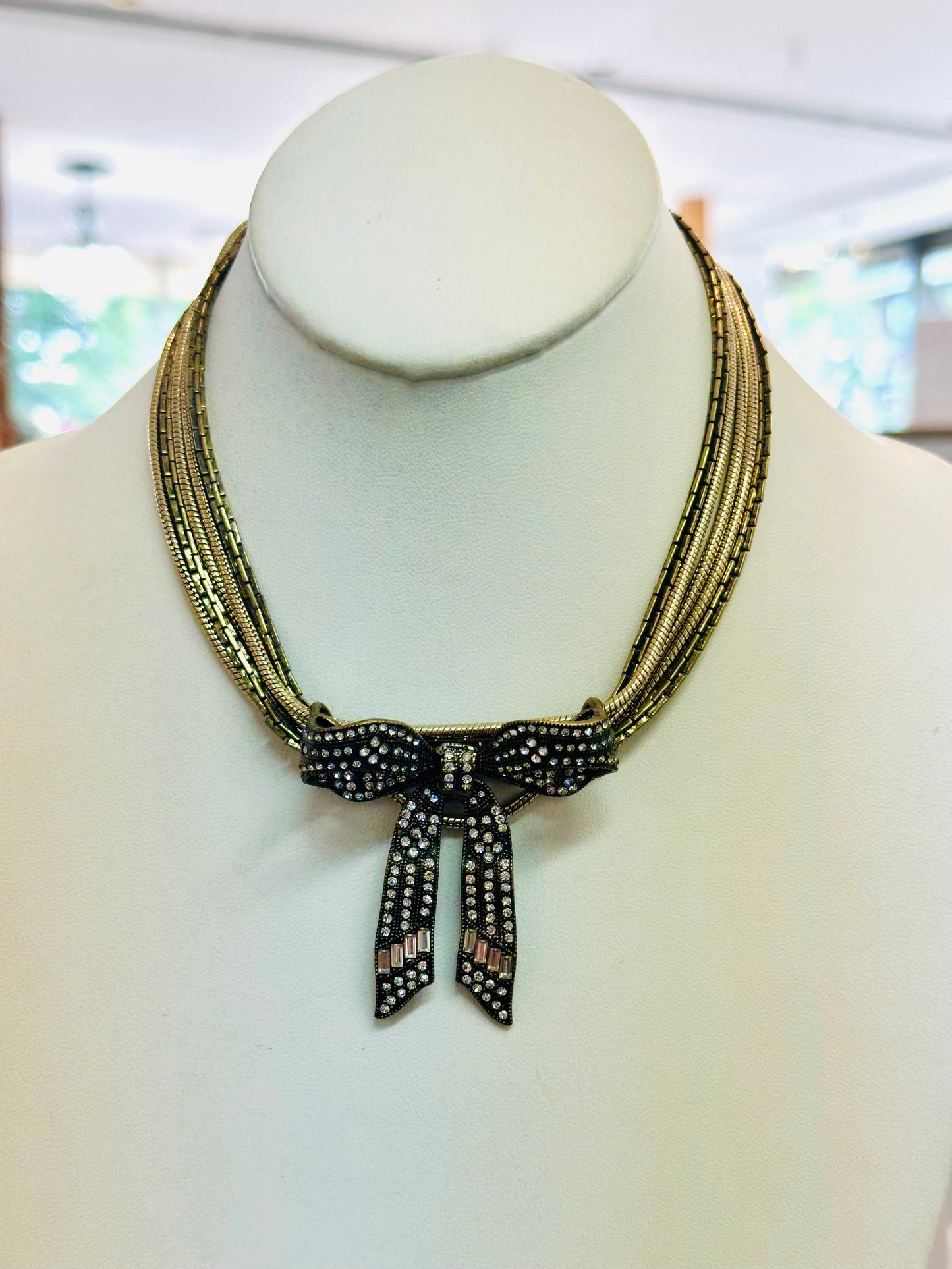 Vintage Multi-Strand Liquid Gold Collar Necklace with Rhinestone Tuxedo Bow