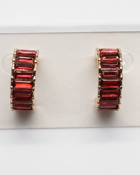 Vintage Ruby Red Baguette Rhinestone Hoop Earrings