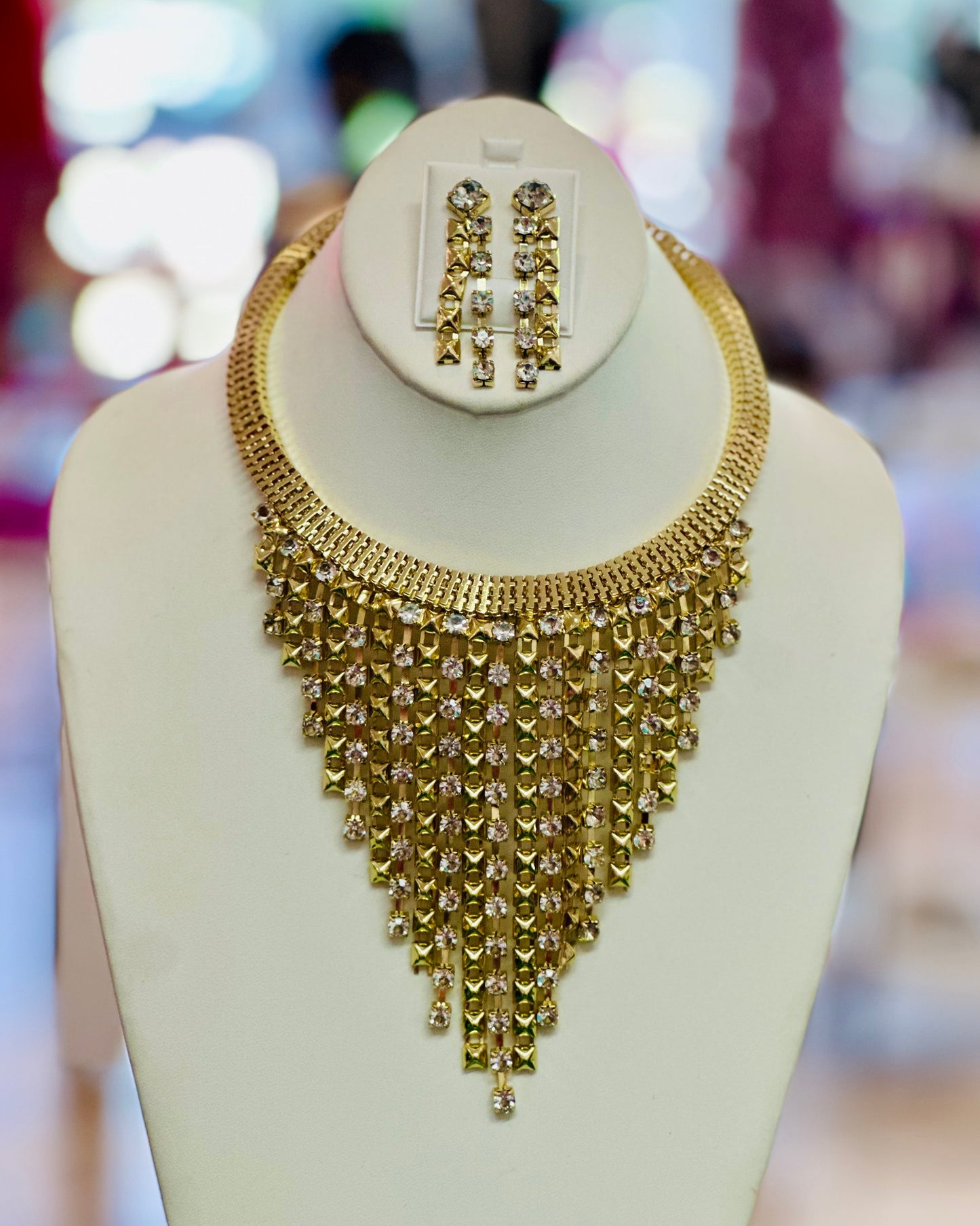 Glamour Crystal Tiered Fringe Bib Statement Necklace & Drop Earring Set