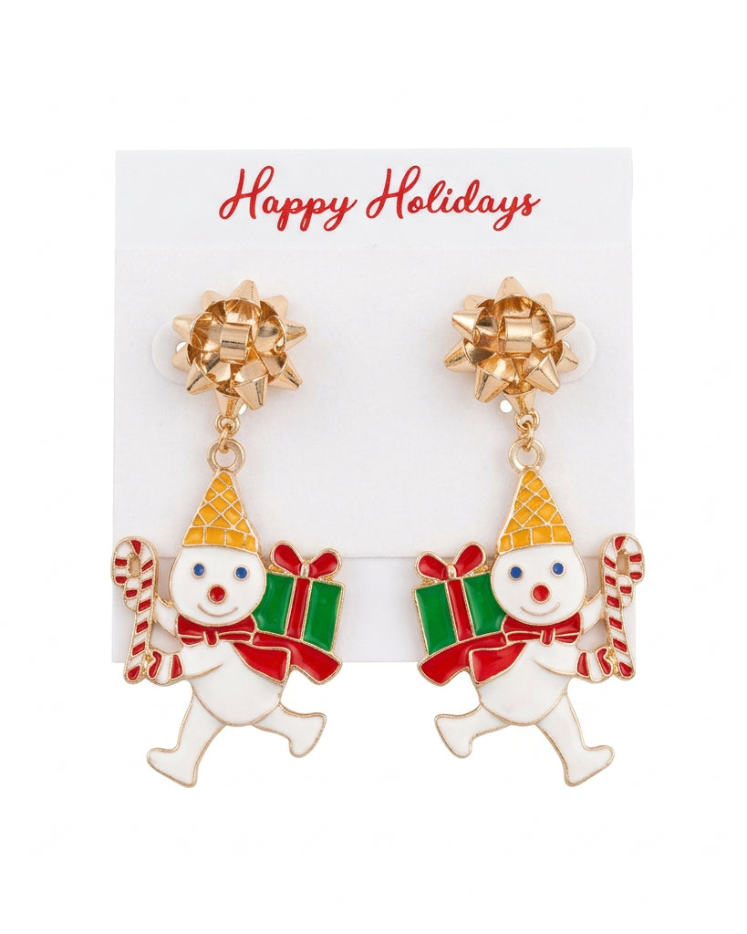 Frosty Festive Bow & Snowman Dangle Earrings