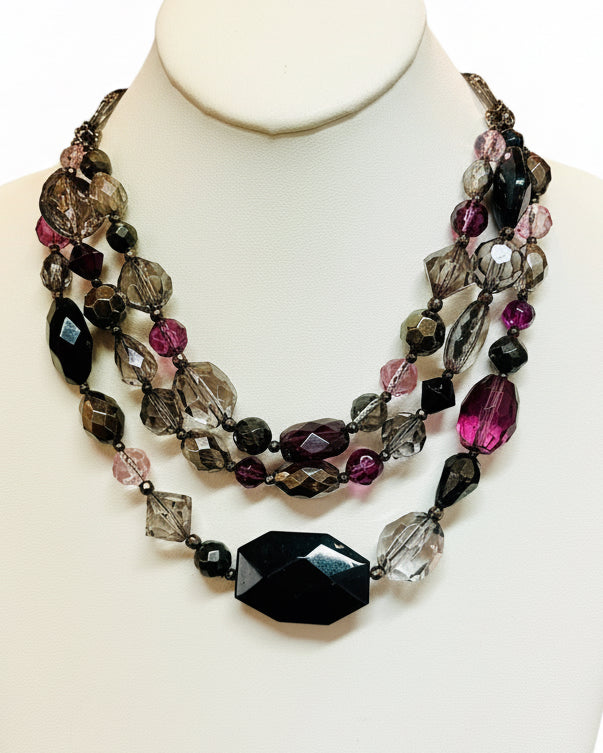 Midnight Plum & Smoky Crystal Multi-Strand Statement Necklace