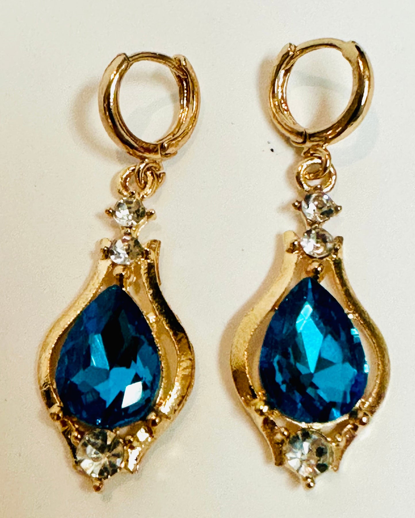 Vintage Blue Zircon Teardrop Huggie Hoop Earrings