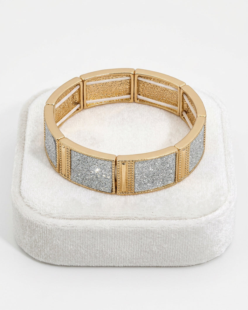 Vintage Mixed-Metal Glitter Panel Stretch Bangle