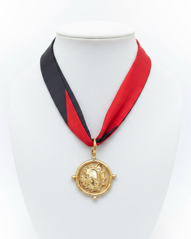 Red & Black Bulldog Head Ribbon Necklace
