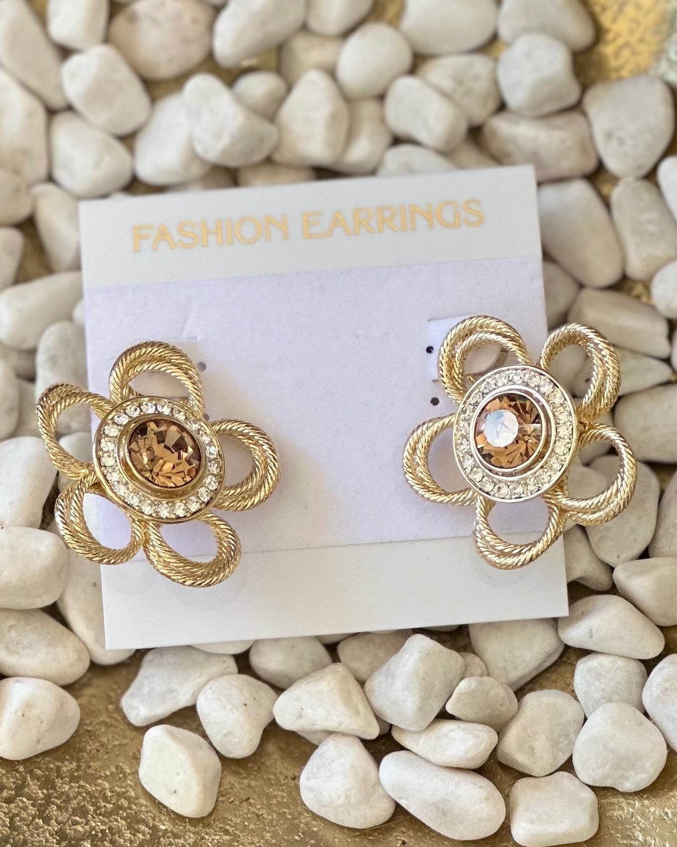 Vintage Textured Gold Floral Statement Earrings with Amber Crystal Center