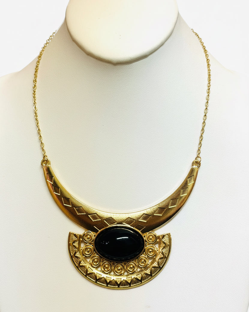 Etruscan Revival Onyx Cabochon Statement Collar Necklace