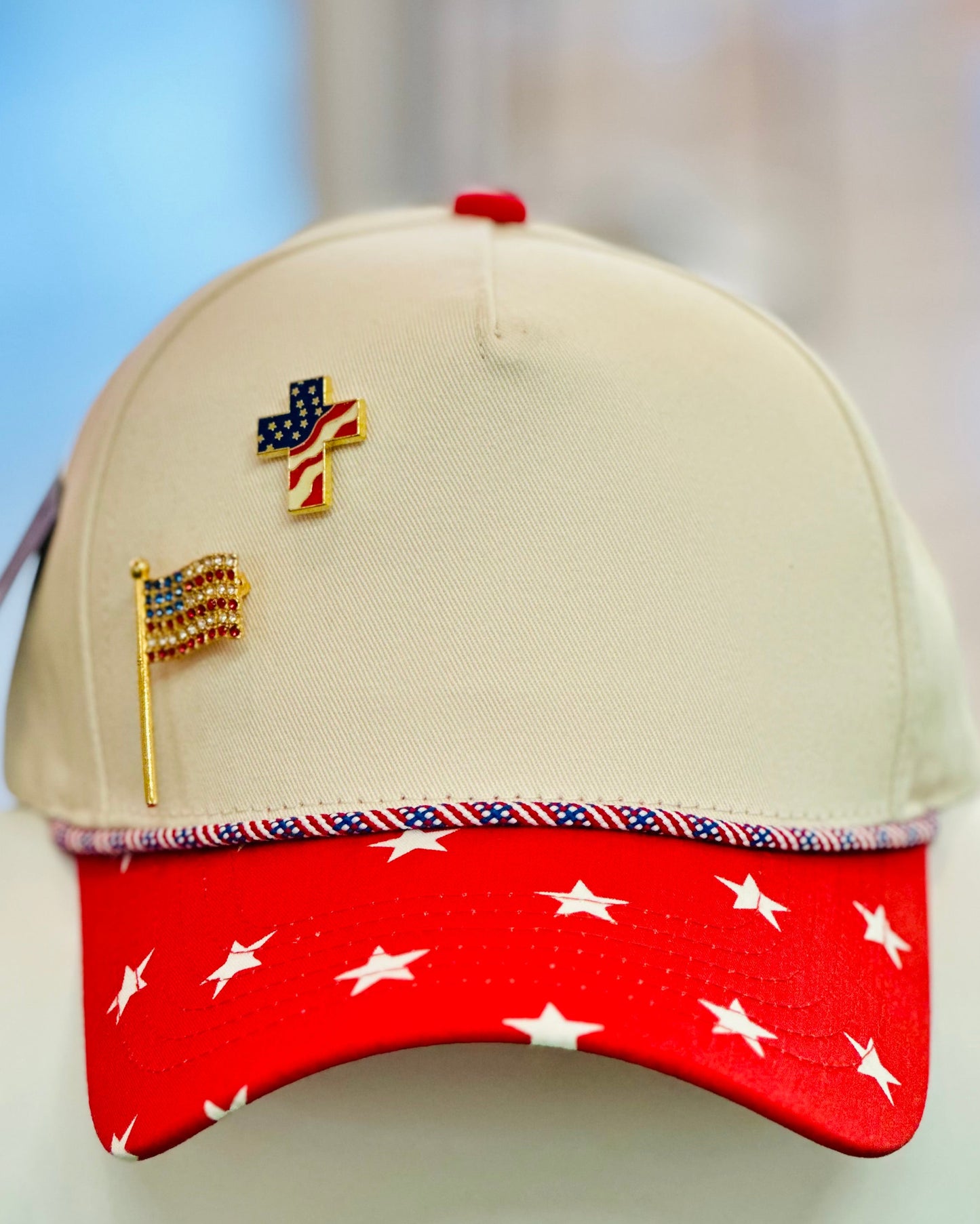 American Baseball Cap & Vintage Patriotic Rhinestone Brooch Set