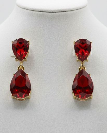 Vintage Red Rhinestone Pear-Cut Drop Earrings