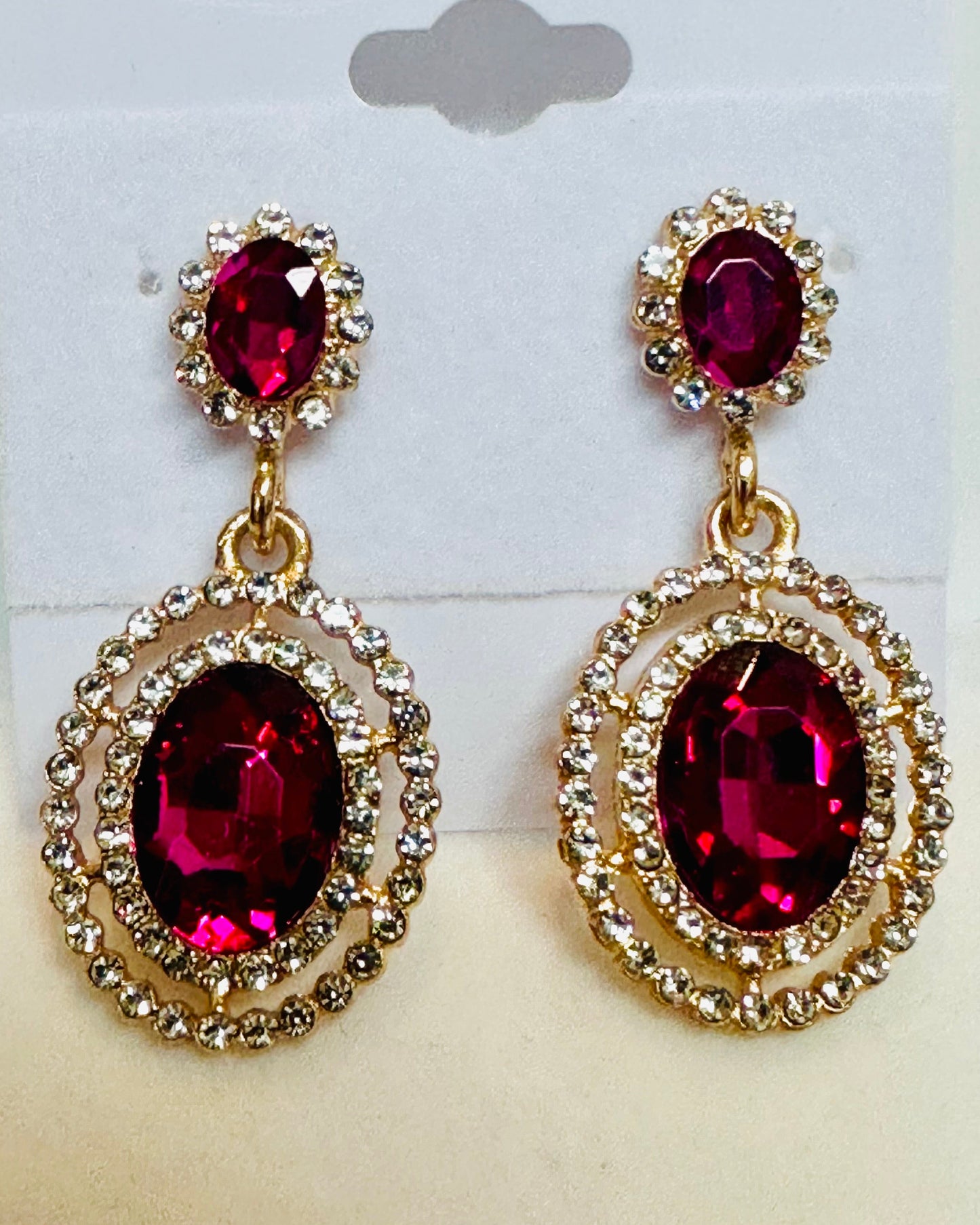 Vintage Fuchsia Ruby Oval Drop Earrings