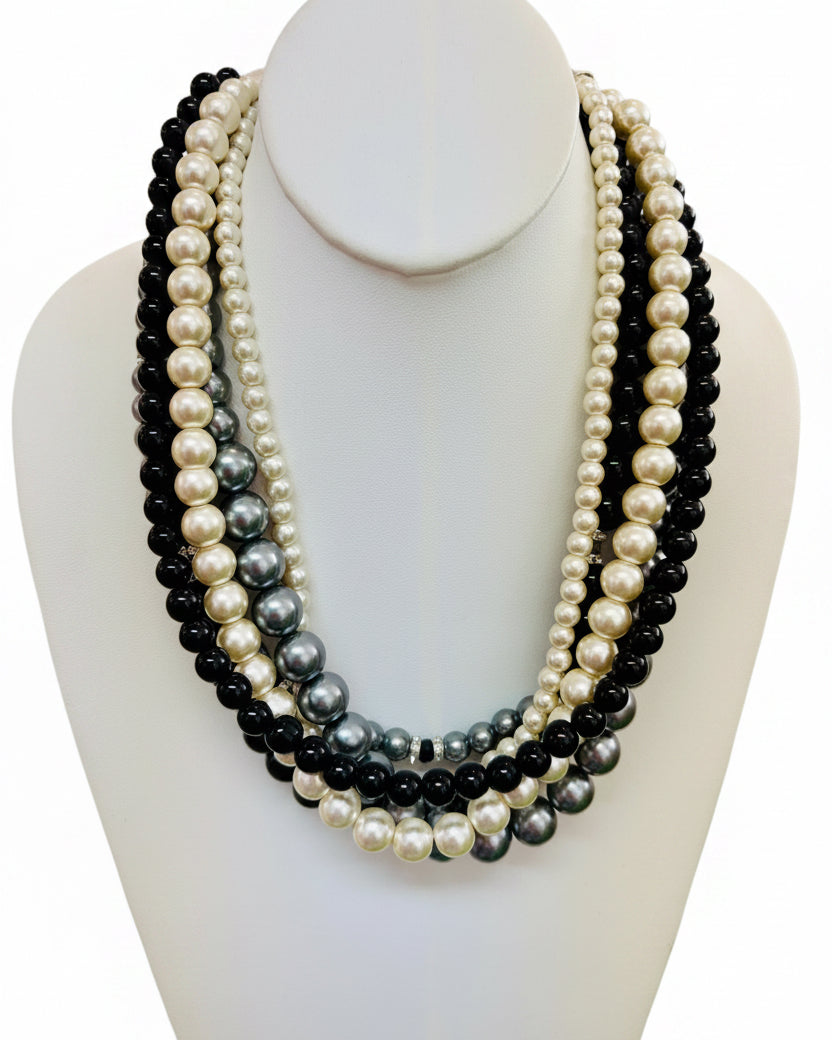 Tuxedo Elegance Multi-Strand Pearl Bib