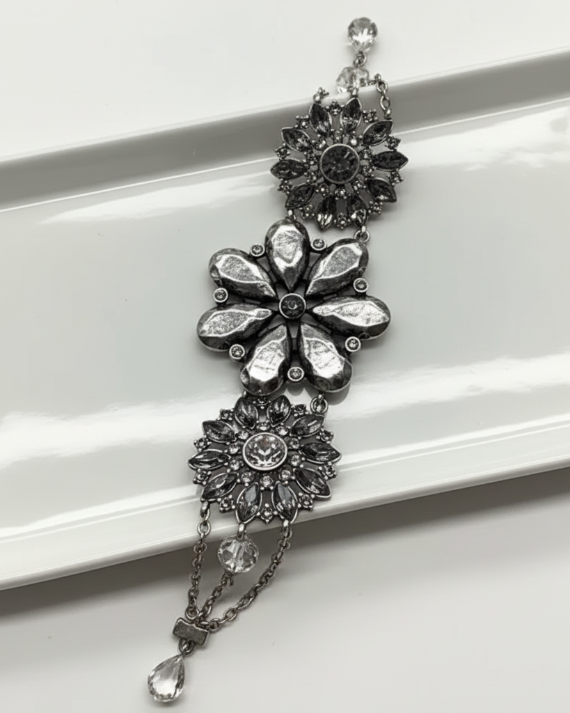 Vintage Deadstock Gunmetal & Crystal Floral Statement Link Bracelet