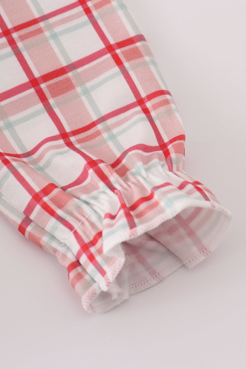 Red Plaid Farm Embroidery Ruffle Bubble