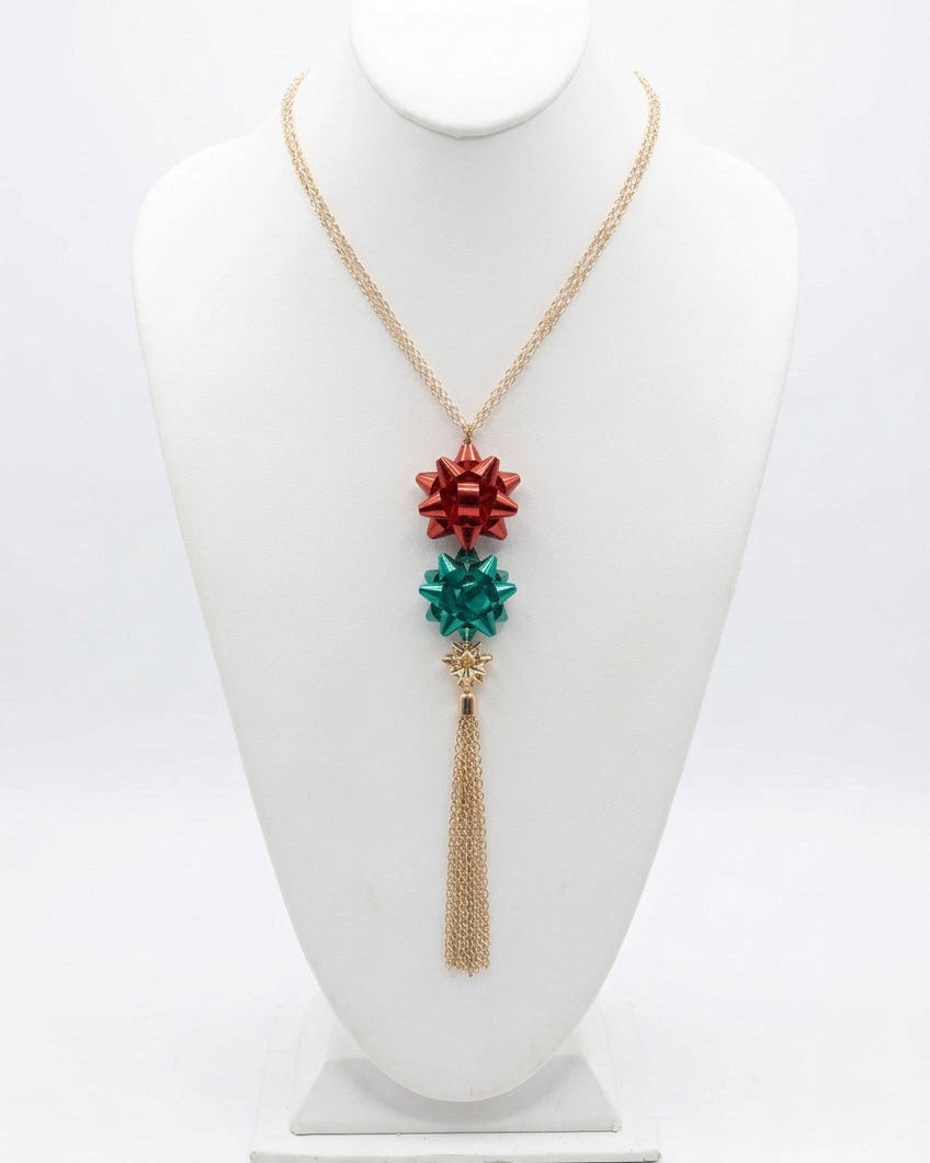 Festive Gift Bow Long Tassel Necklace