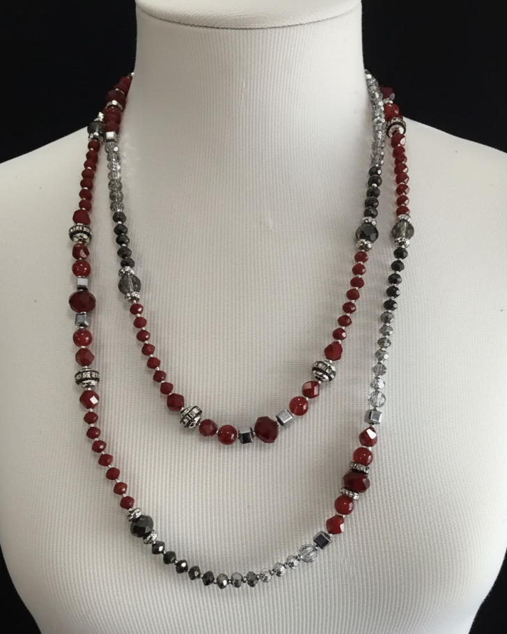 Red & Gunmetal 28in Faceted Bead Statement Necklace