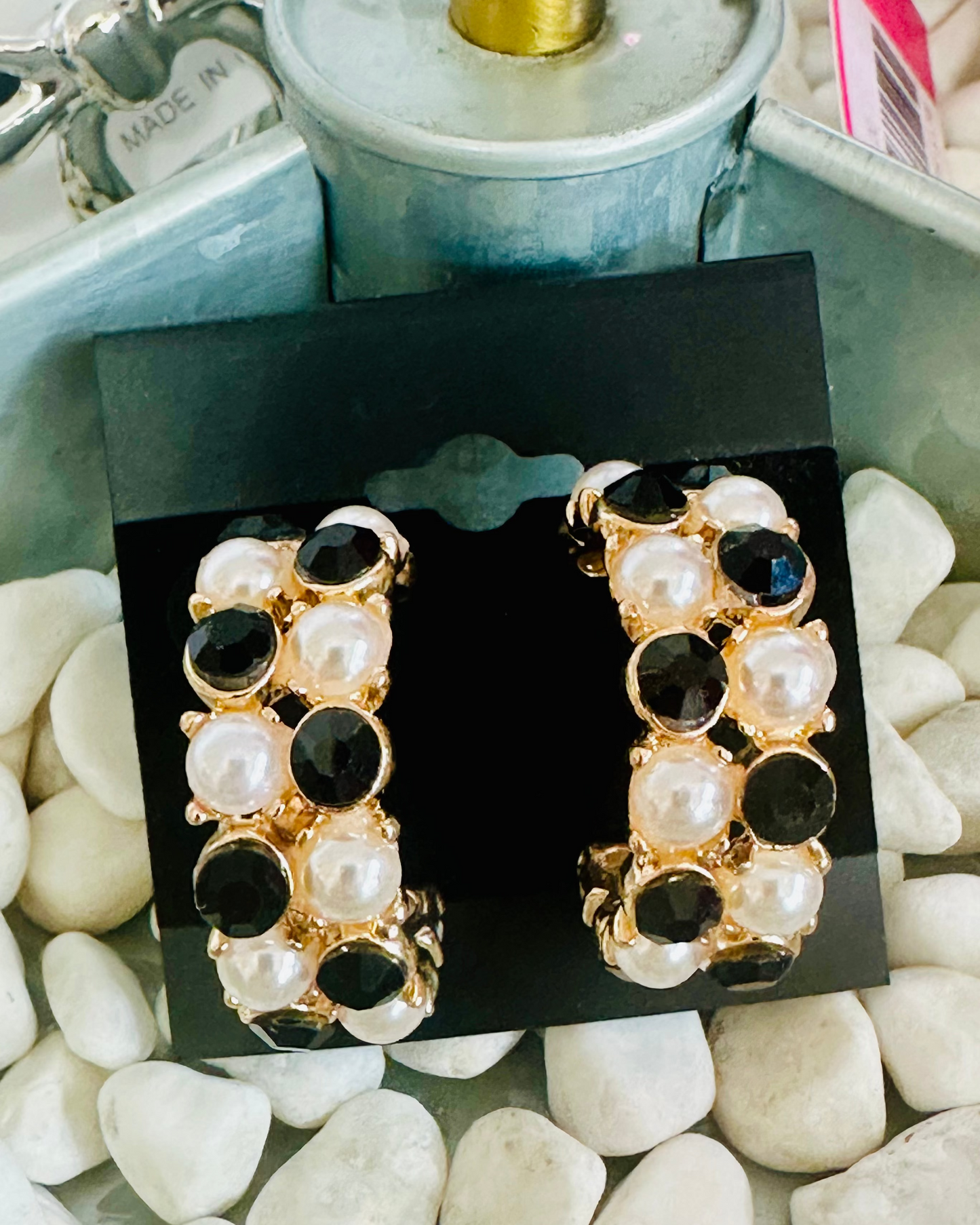 Vintage Pearl & Enamel Half-Hoops