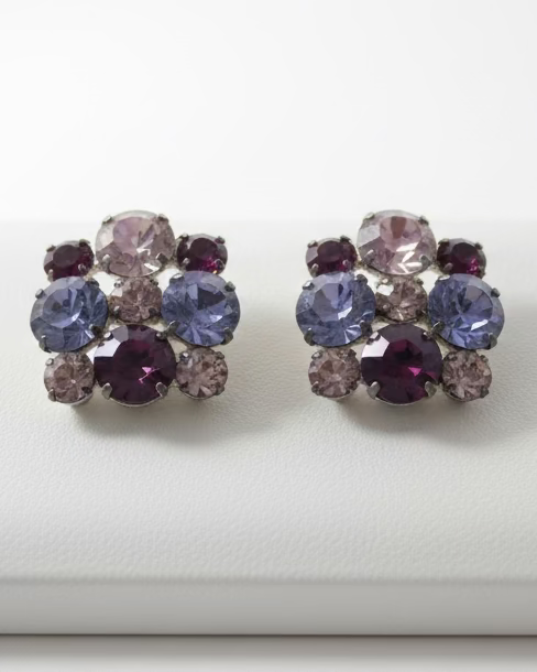 Vintage Crystal Midnight Iris & Periwinkle Cluster Stud Earrings