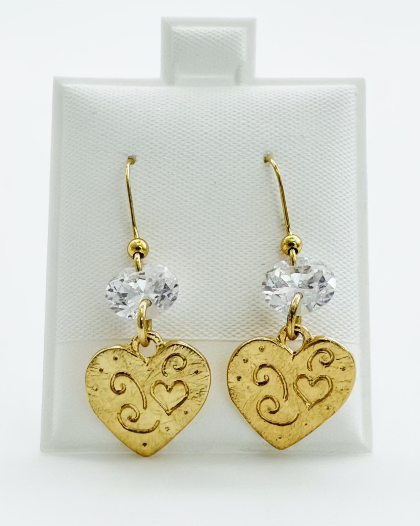 Vintage Gold Scroll Heart & CZ Drop Earrings