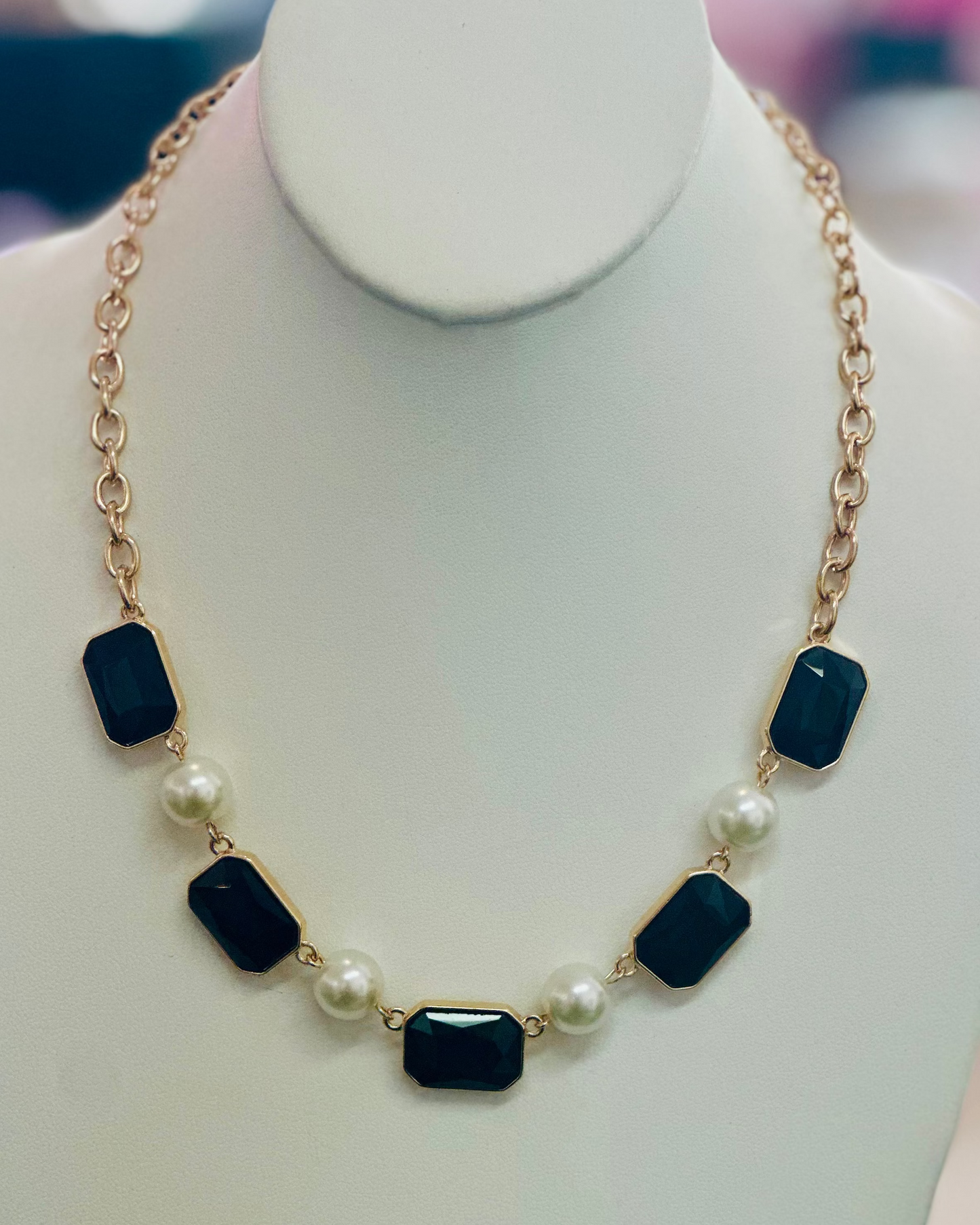 Black Onyx-Style & Pearl Statement Necklace
