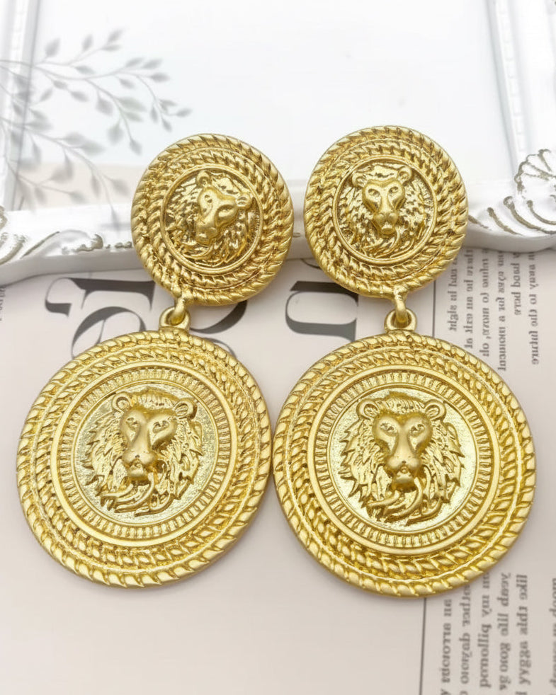 Lion Gold Medallion Drop Earrings