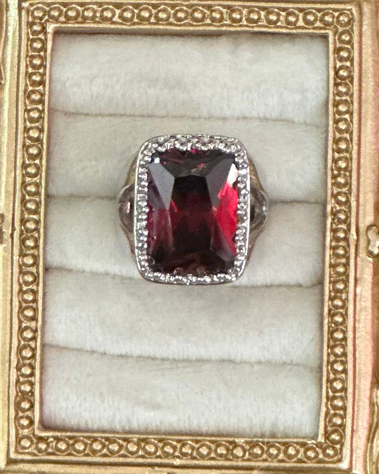 Vintage Deadstock Radiant-Cut Crimson Halo Cocktail Ring