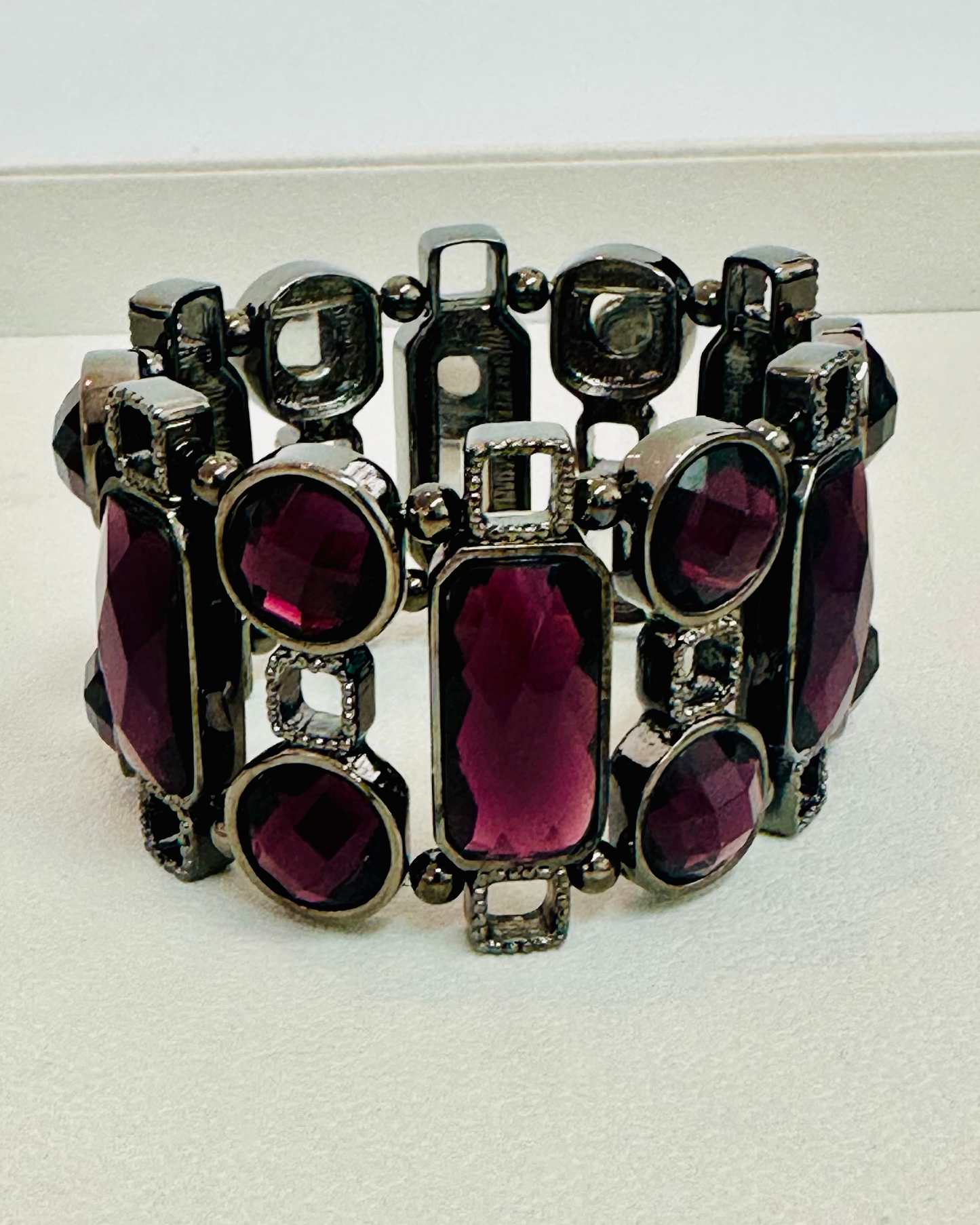 Vintage Amethyst-Tone Geometric Panel Stretch Bracelet