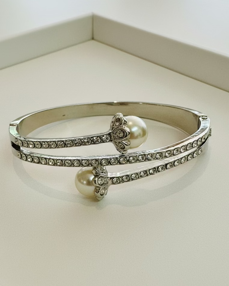 Vintage Elegance Pearl & Pavé Rhinestone Bypass Bangle
