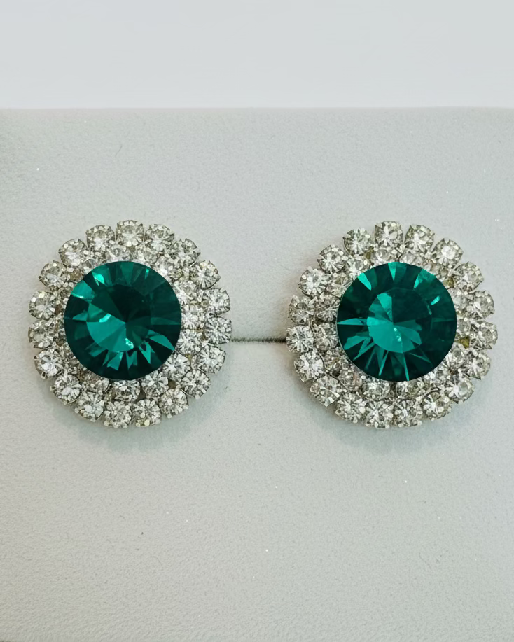 Royal Emerald Crystal Halo Clip Earrings