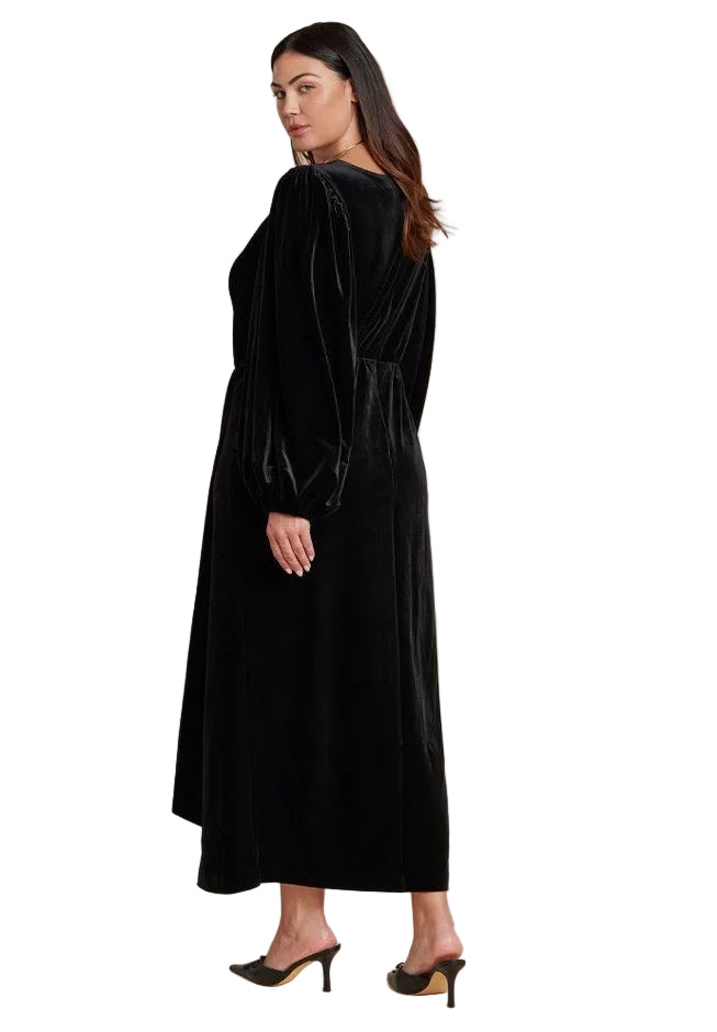 Velvet Puff Sleeve Pleated Dress