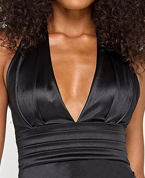 Juniors' Sateen Deep-V Halter Midi Dress