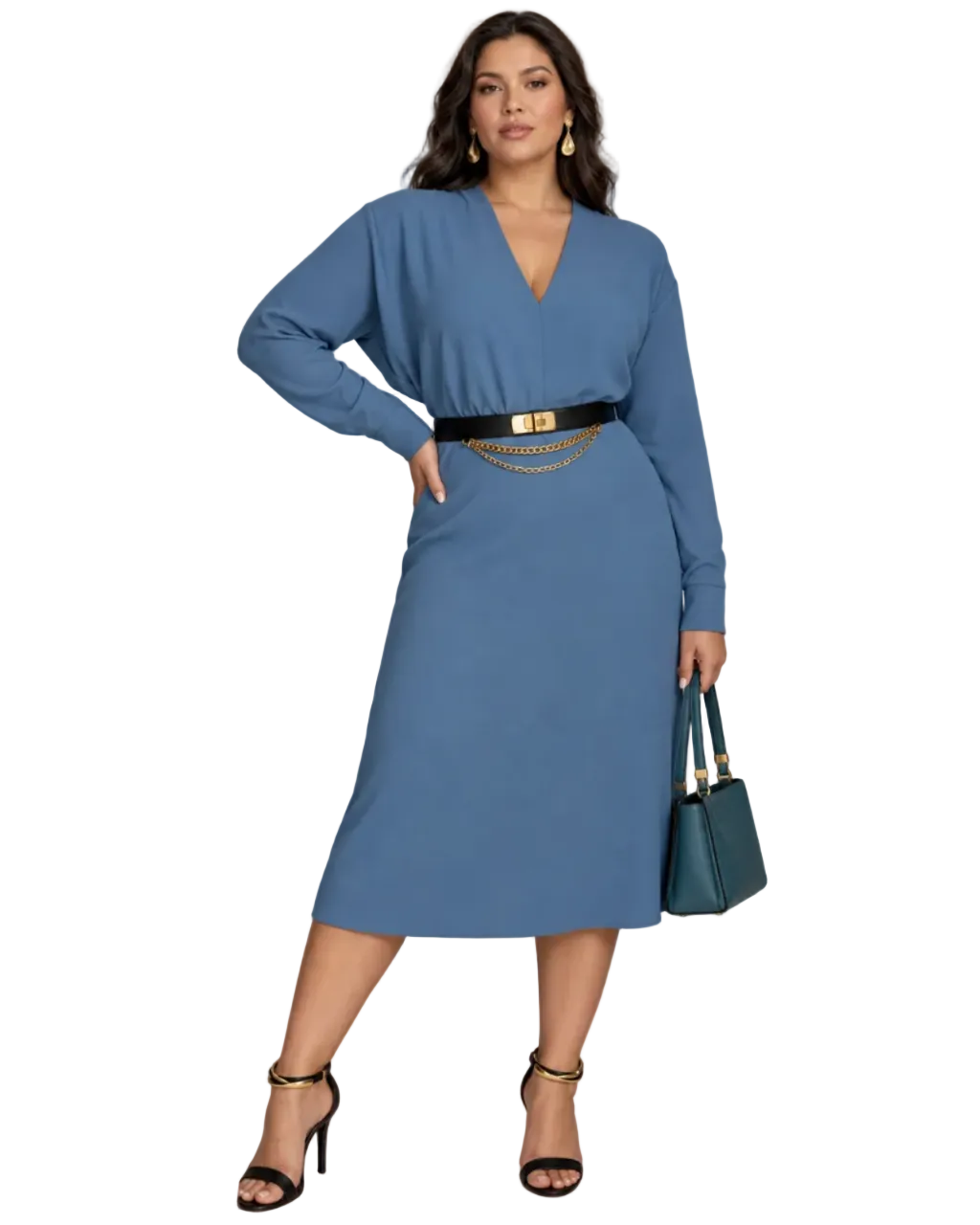 DKNY Plus V-Neck Belted Long-Sleeve Dress Women's