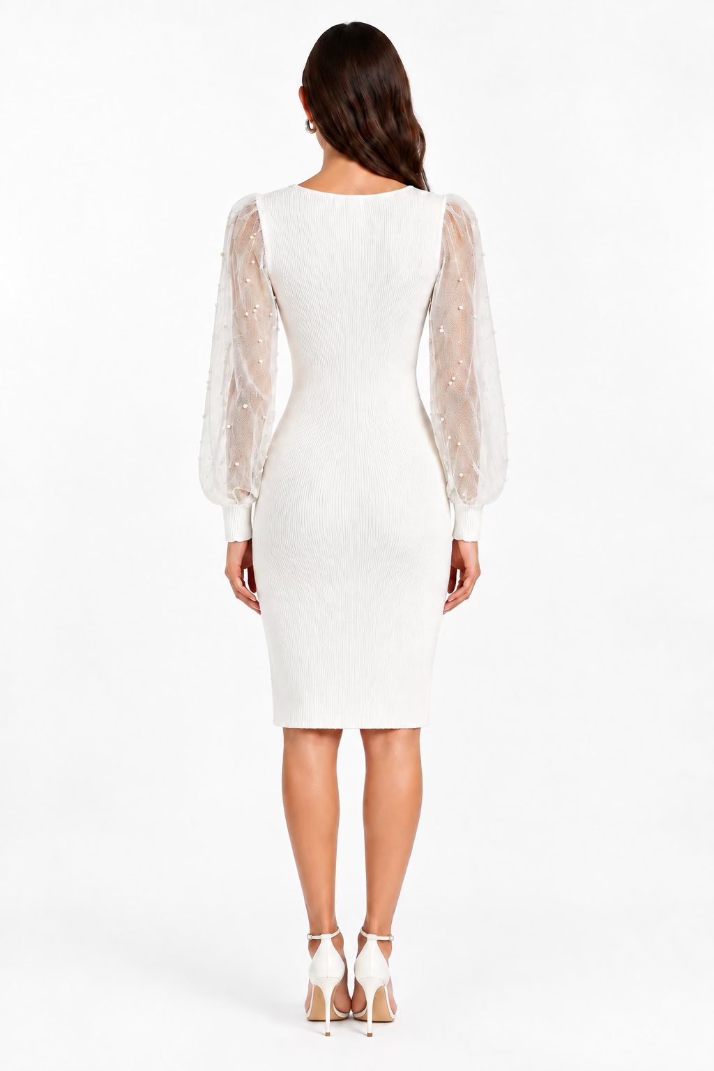 Dylan Ryan Pearl Sheer-Sleeve Square-Neck Midi Ribbed Dress