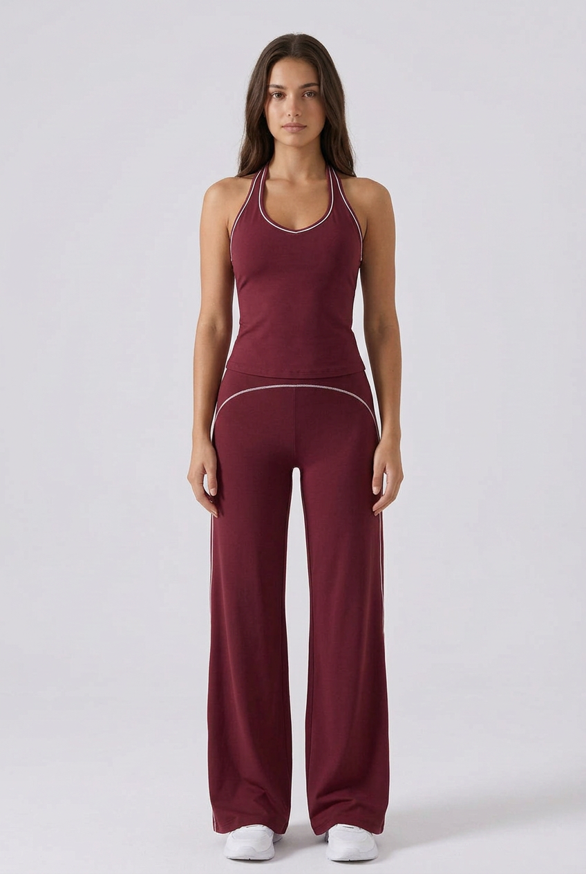 Dark Red Retro-Style Contrast Piping Activewear V-Neck Tank
