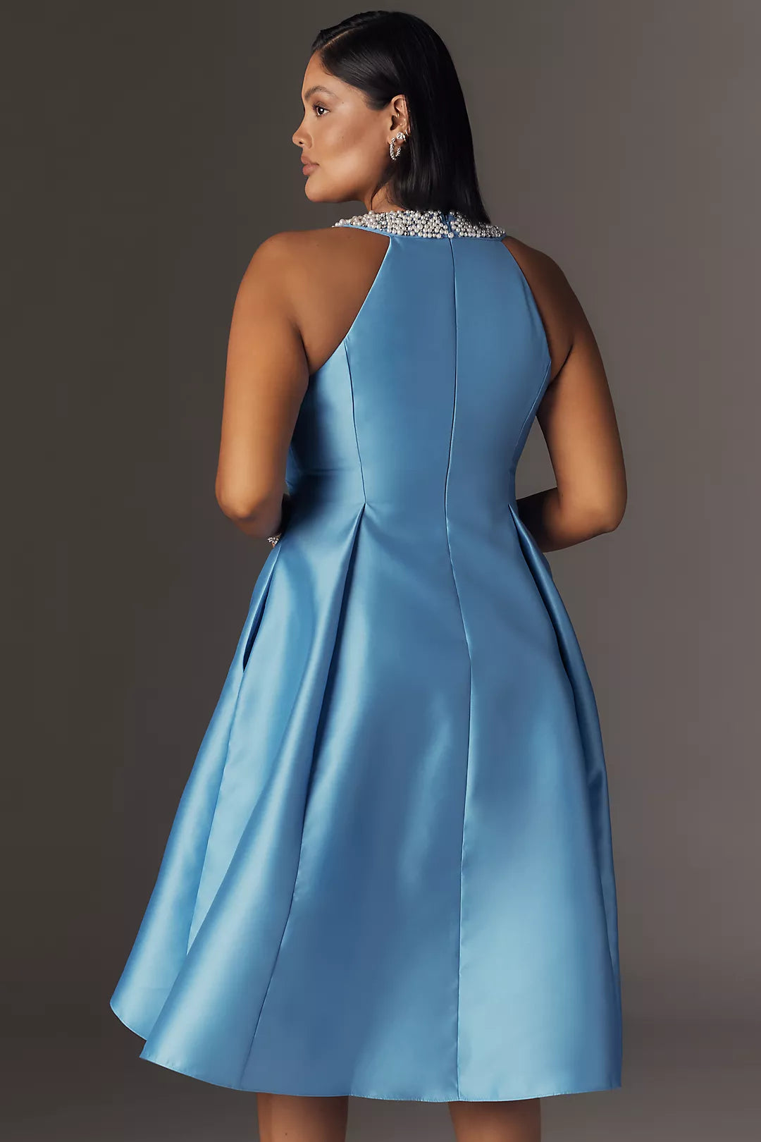Imitation Pearl Halter Neck High-Low Mikado Dress