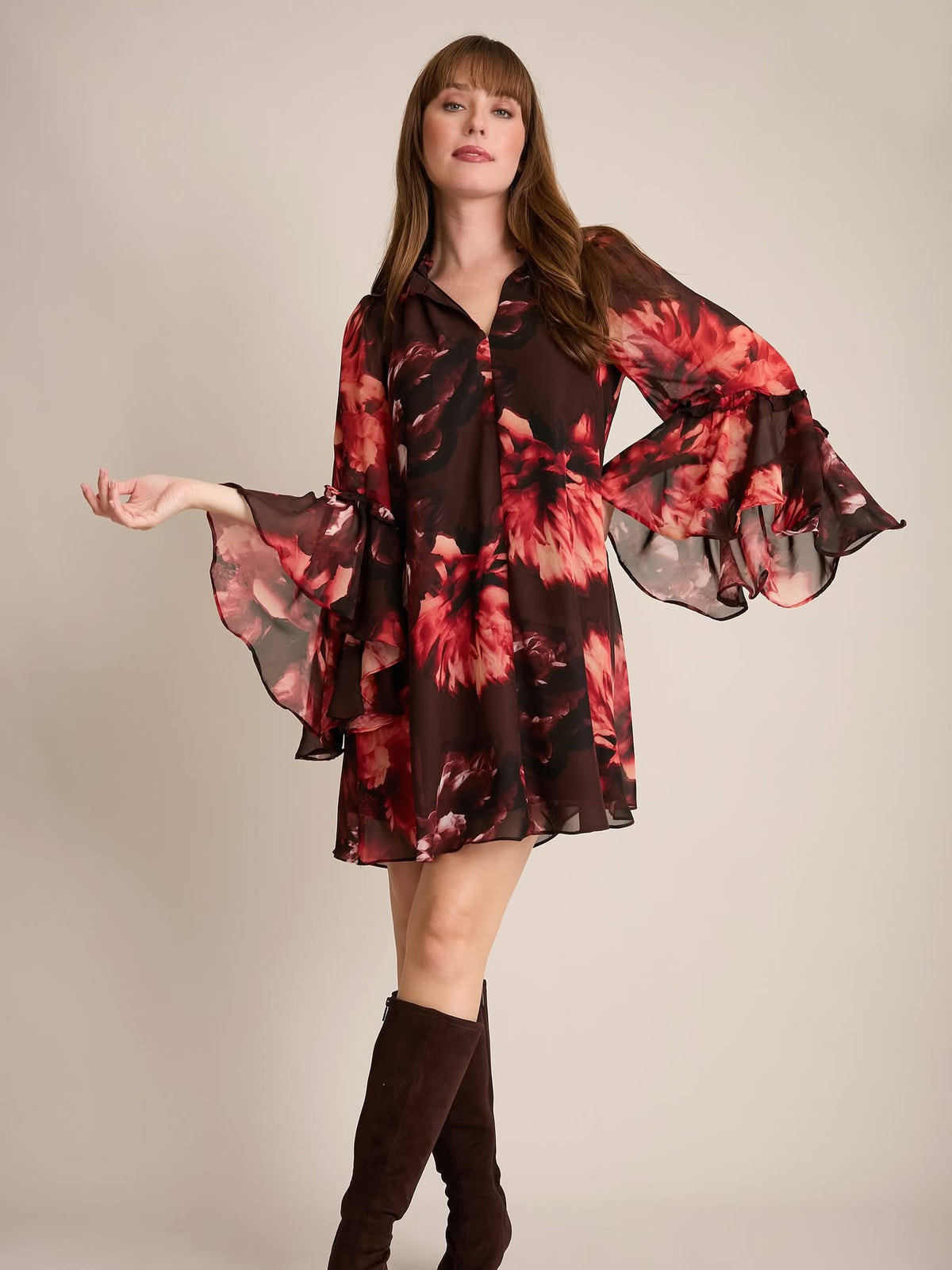 Autumn V-Neck High Low Ruffle Flounce Sleeve Dress