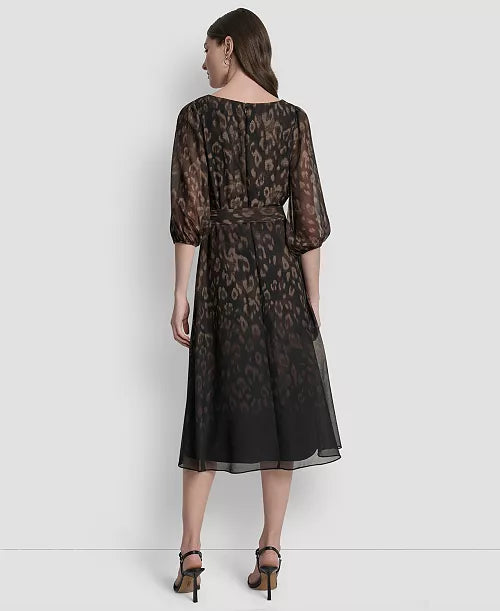 DKNY Chocolate Brown Multi Printed V-Neck Midi Dress