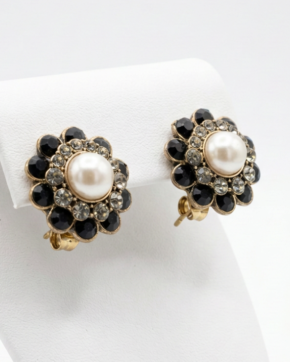 Vintage Onyx & Faux Pearl Sunburst Button Stud Earrings